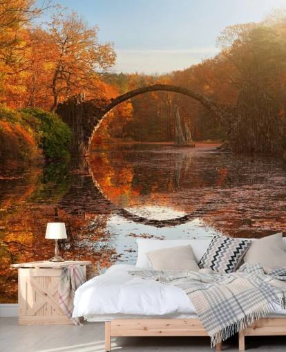 orange skov med stenbro refleksion vægmaleri kaldet Autumn Lake af 1x Photography til køkkener, badeværelser og soveværelser orange skov med stenbro refleksion vægmaleri kaldet Autumn Lake af 1x Photography til køkkener, badeværelser og soveværelser