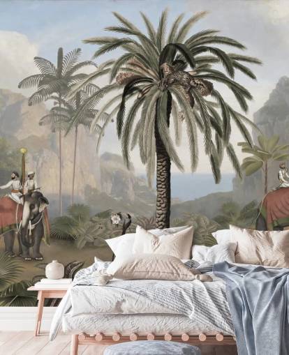 vintage illustrated jungle wallpaper mural called Elephant Elegance by Sir Edward for bedrooms and living rooms