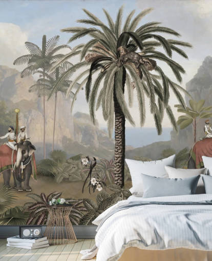 vintage illustrerad djungel tapetväggmålning kallad Elephant Elegance av Sir Edward för sovrum och vardagsrum