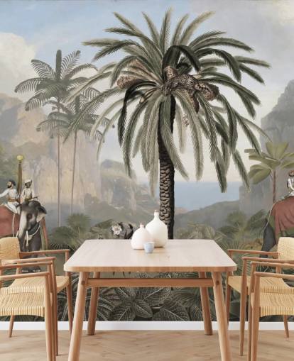 vintage illustrated jungle wallpaper mural called Elephant Elegance by Sir Edward for bedrooms and living rooms