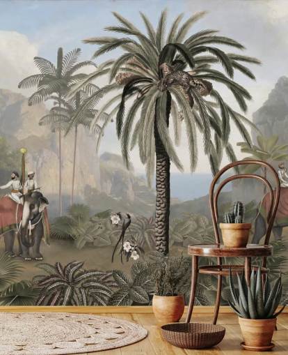 vintage illustrerad djungel tapetväggmålning kallad Elephant Elegance av Sir Edward för sovrum och vardagsrum