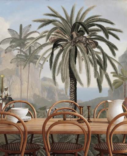 vintage illustrated jungle wallpaper mural called Elephant Elegance by Sir Edward for bedrooms and living rooms