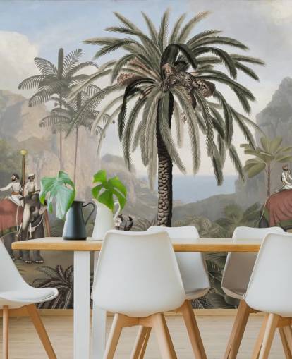 mural vintage ilustrado de la jungla llamado Elephant Elegance de Sir Edward para dormitorios y salas de estar