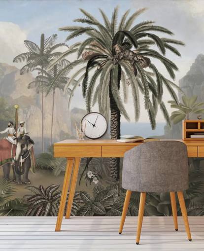 mural de papel de parede de selva ilustrado vintage chamado Elephant Elegance de Sir Edward para quartos e salas de estar
