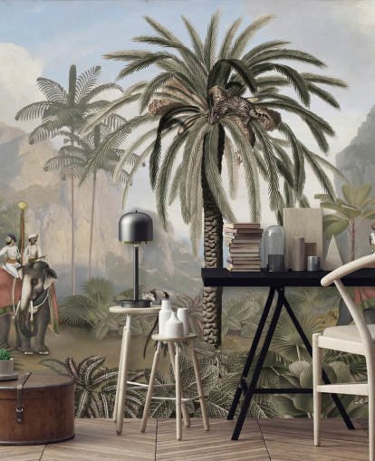 vintage illustrerad djungel tapetväggmålning kallad Elephant Elegance av Sir Edward för sovrum och vardagsrum