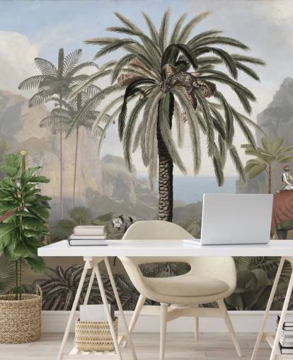 vintage illustrated jungle wallpaper mural called Elephant Elegance by Sir Edward for bedrooms and living rooms