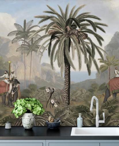 mural de papel de parede de selva ilustrado vintage chamado Elephant Elegance de Sir Edward para quartos e salas de estar