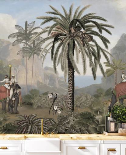 vintage geïllustreerde jungle behangmuurschildering genaamd Elephant Elegance van Sir Edward voor slaapkamers en woonkamers