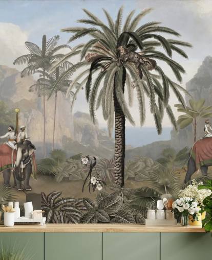 vintage illustrert jungel tapetmaleri kalt Elephant Elegance av Sir Edward for soverom og stuer