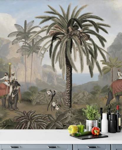 carta da parati murale illustrata vintage con giungla chiamata Elephant Elegance di Sir Edward per camere da letto e salotti