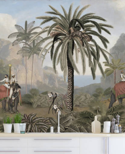 vintage illustrerad djungel tapetväggmålning kallad Elephant Elegance av Sir Edward för sovrum och vardagsrum