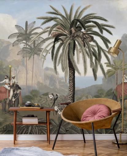 vintage geïllustreerde jungle behangmuurschildering genaamd Elephant Elegance van Sir Edward voor slaapkamers en woonkamers