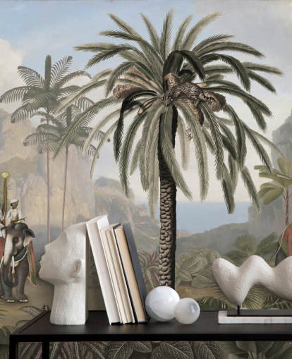 vintage illustrerad djungel tapetväggmålning kallad Elephant Elegance av Sir Edward för sovrum och vardagsrum