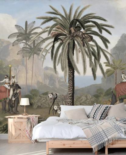 vintage illustreret jungle tapetmaleri kaldet Elephant Elegance af Sir Edward til soveværelser og stuer