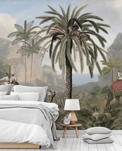 carta da parati murale illustrata vintage con giungla chiamata Elephant Elegance di Sir Edward per camere da letto e salotti