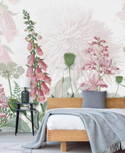 illustrated pink foxgloves and greenery wallpaper