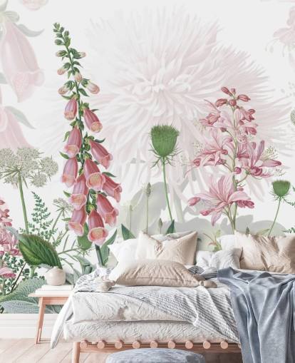 papier peint illustré de foxgloves roses et de verdure