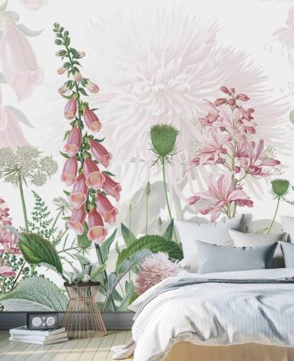 illustrated pink foxgloves and greenery wallpaper