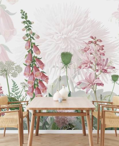 illustrated pink foxgloves and greenery wallpaper