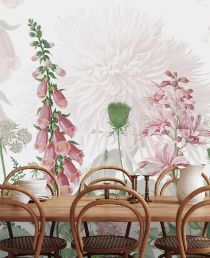 papel pintado ilustrado de dedaleras y verdor rosa