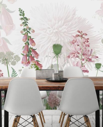 illustrated pink foxgloves and greenery wallpaper