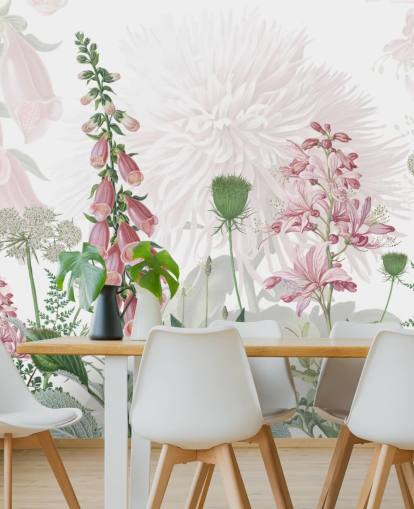 illustrated pink foxgloves and greenery wallpaper