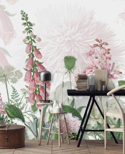 papel pintado ilustrado de dedaleras y verdor rosa