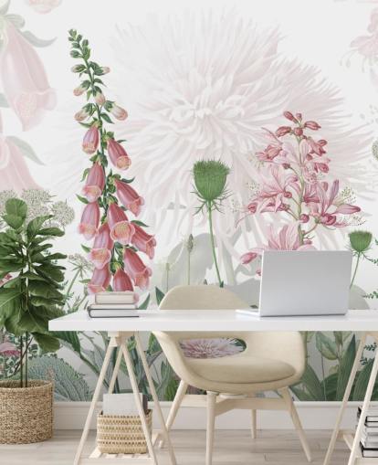 illustrated pink foxgloves and greenery wallpaper