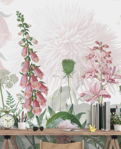 papier peint illustré de foxgloves roses et de verdure