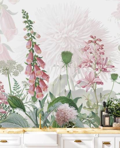 papel pintado ilustrado de dedaleras y verdor rosa papel pintado ilustrado de dedaleras y verdor rosa