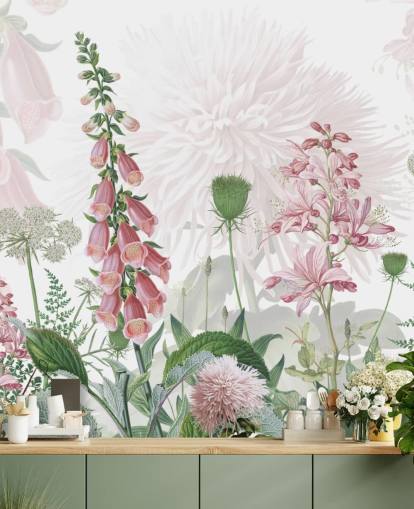 illustrated pink foxgloves and greenery wallpaper