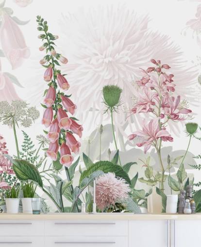illustrated pink foxgloves and greenery wallpaper