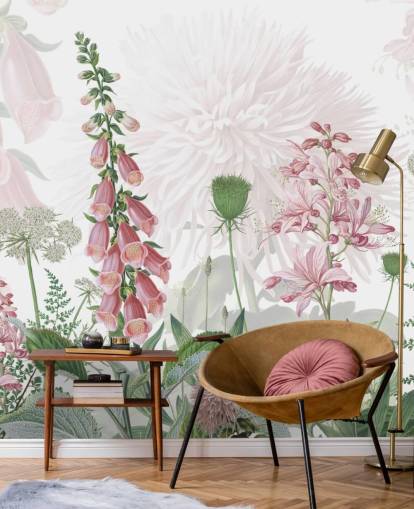 papel pintado ilustrado de dedaleras y verdor rosa