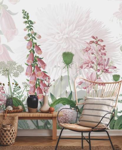 dedaleira rosa ilustrada e papel de parede verde