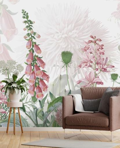 illustrated pink foxgloves and greenery wallpaper