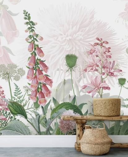 papel pintado ilustrado de dedaleras y verdor rosa