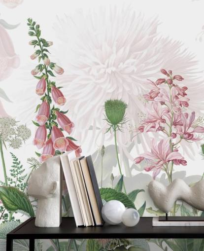 illustrated pink foxgloves and greenery wallpaper