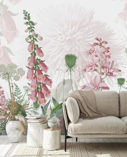 papel pintado ilustrado de dedaleras y verdor rosa