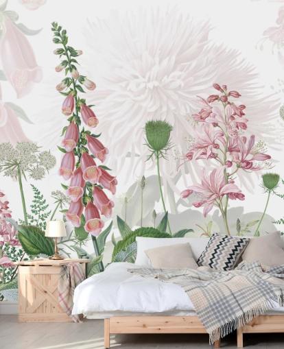 papel pintado ilustrado de dedaleras y verdor rosa