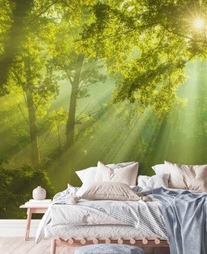 green custom forest wallpaper mural called The Forest of Heaven for living rooms
