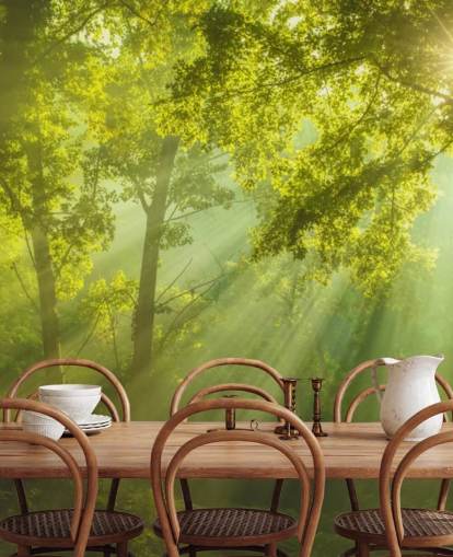 groene op maat gemaakte bosbehangmuurschildering genaamd The Forest of Heaven voor woonkamers