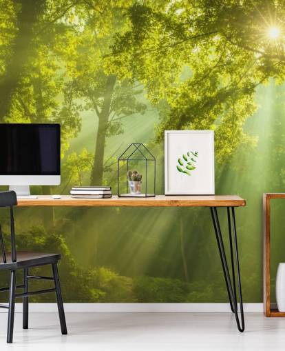 green custom forest wallpaper mural called The Forest of Heaven for living rooms