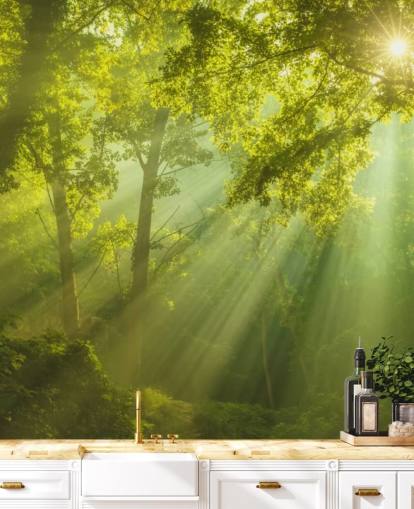 green custom forest wallpaper mural called The Forest of Heaven for living rooms