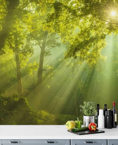 green custom forest wallpaper mural called The Forest of Heaven for living rooms