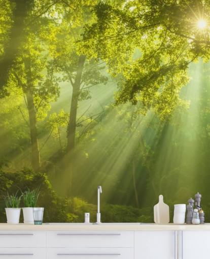 mural verde de papel pintado de bosque personalizado llamado El bosque del cielo para salas de estar