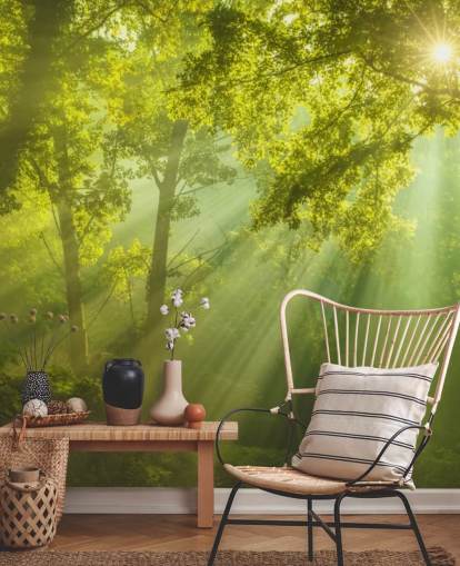 green custom forest wallpaper mural called The Forest of Heaven for living rooms
