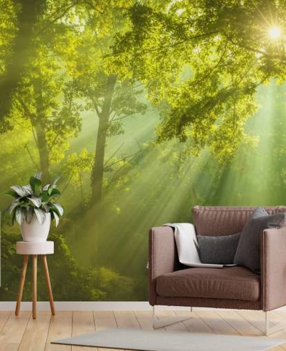 green custom forest wallpaper mural called The Forest of Heaven for living rooms