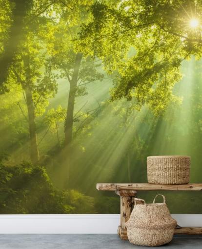 mural verde de papel pintado de bosque personalizado llamado El bosque del cielo para salas de estar
