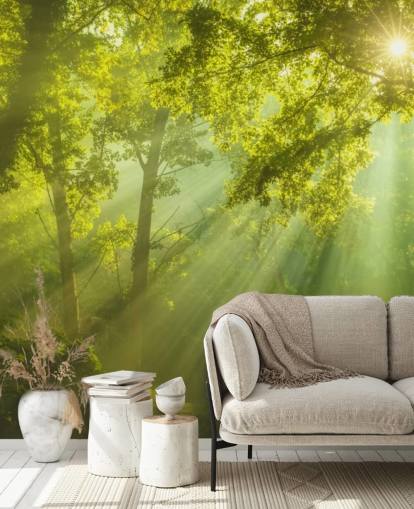 green custom forest wallpaper mural called The Forest of Heaven for living rooms
