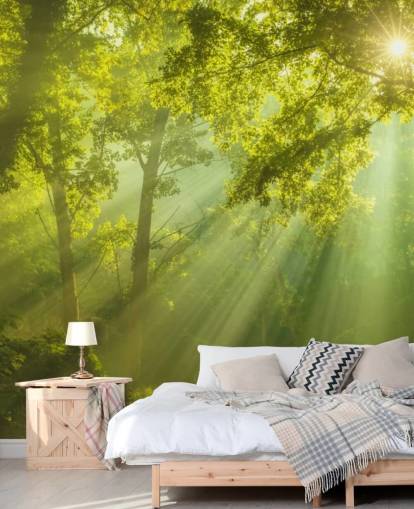 carta da parati murale verde personalizzata con foresta chiamata The Forest of Heaven per salotti